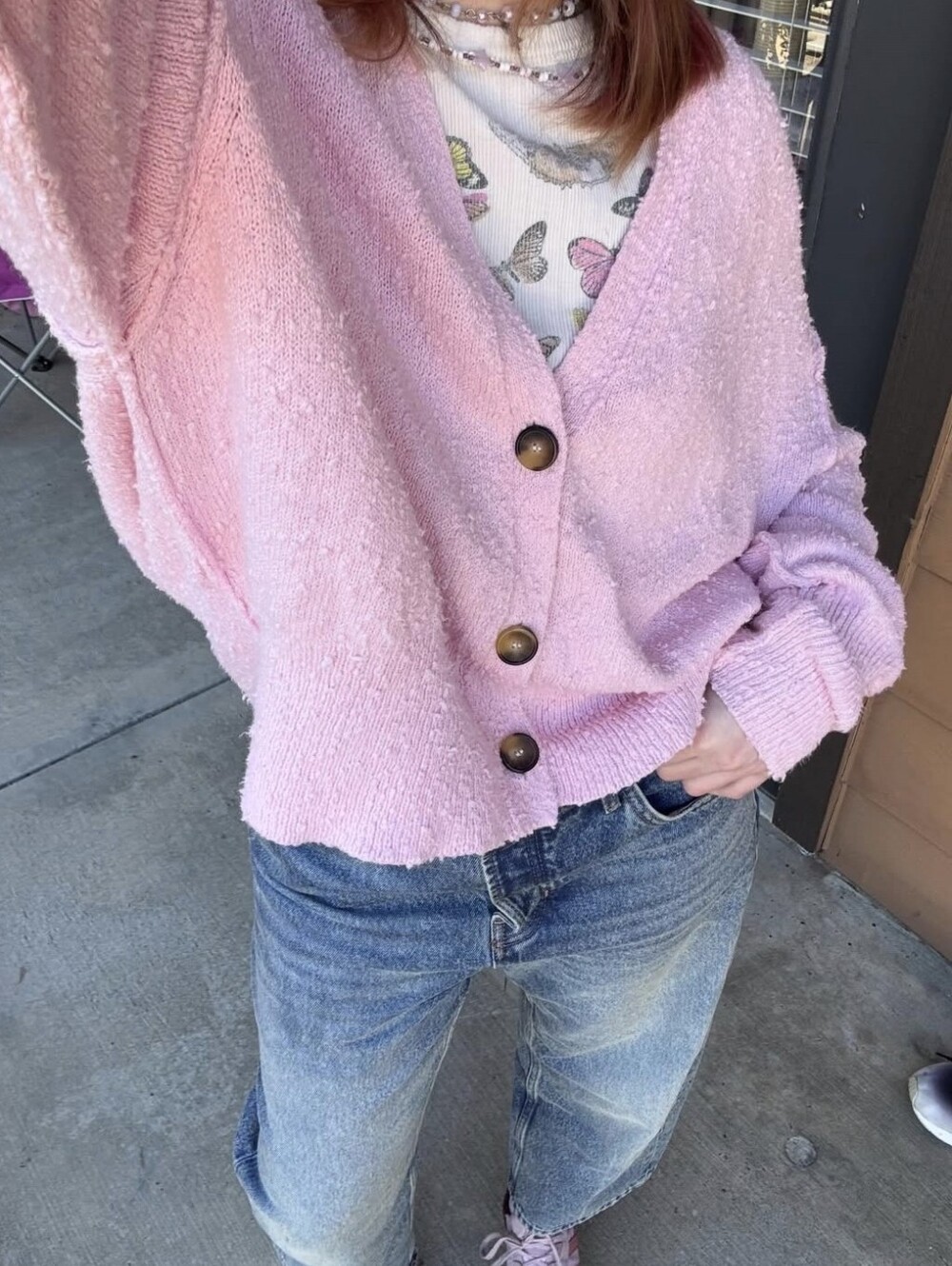 EUC Free People Pastel Pink Button Front Bouclé Cardigan